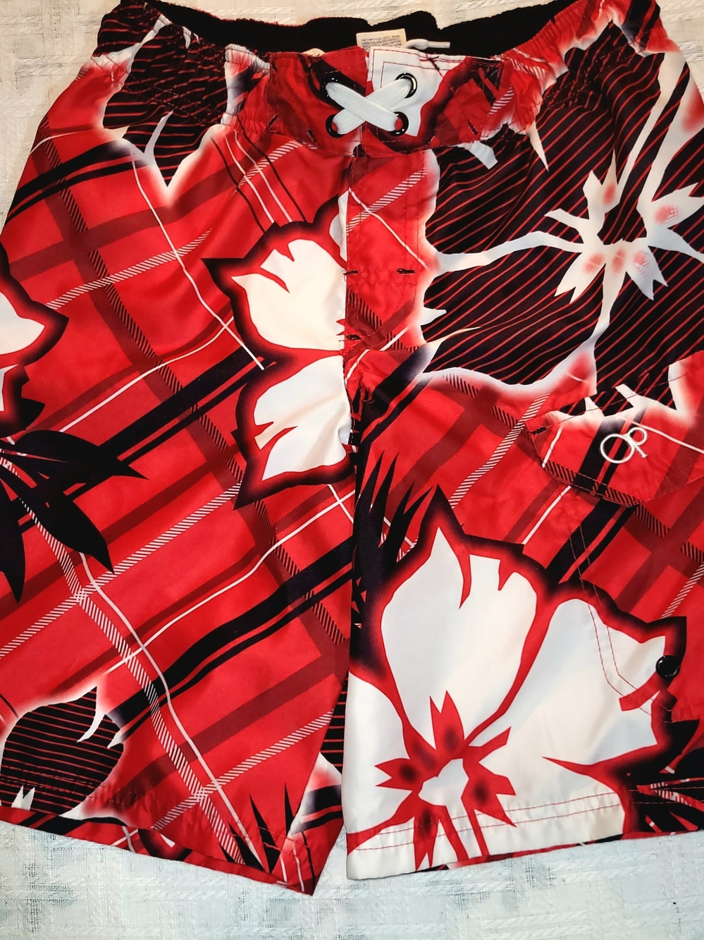 Op Ocean Pacific Board Shorts Boy's Size Medium 8 Swim Trunks Hawaiian Flower